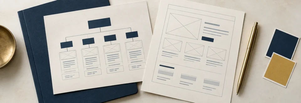 Website sitemap and page plans arranged with navy and gold colour swatches