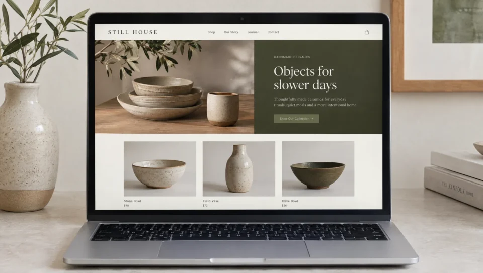 Generated Shopify homewares storefront concept on a laptop