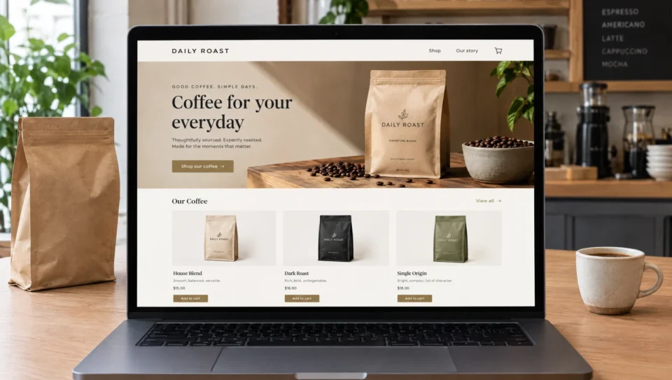 Generated WooCommerce coffee storefront concept on a laptop