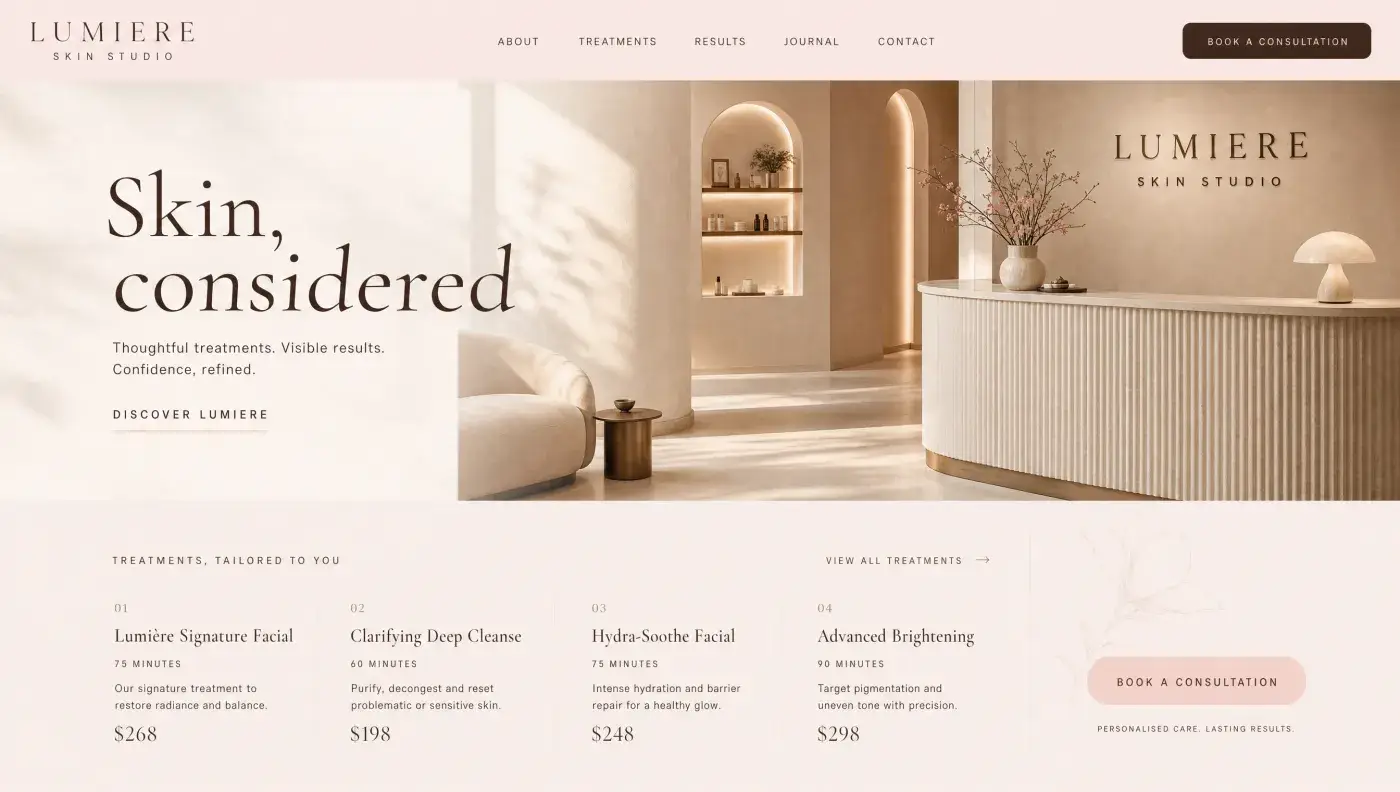 Beauty and wellness website design concept in blush and sand with a treatment price list